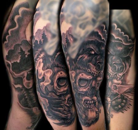 Tattoos - hill billy skull with bear pelt - 60033